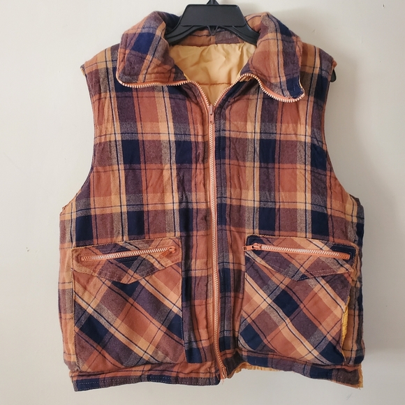Vintage 70s Puffer Reversible Plaid Brown Zip Up Vest Mens Medium-Large - Picture 13 of 13
